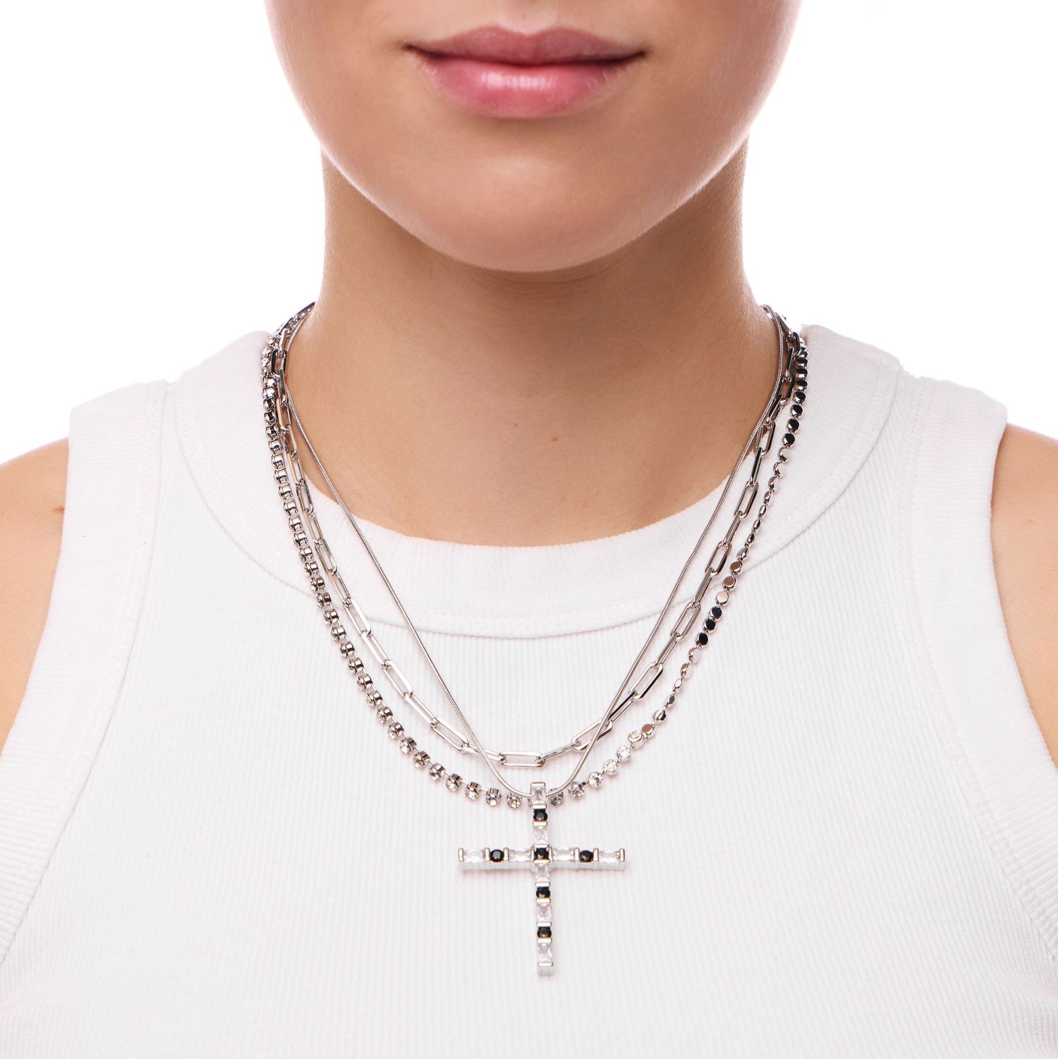 Колье Silver Layered Necklace With A Cross And Black Crystals