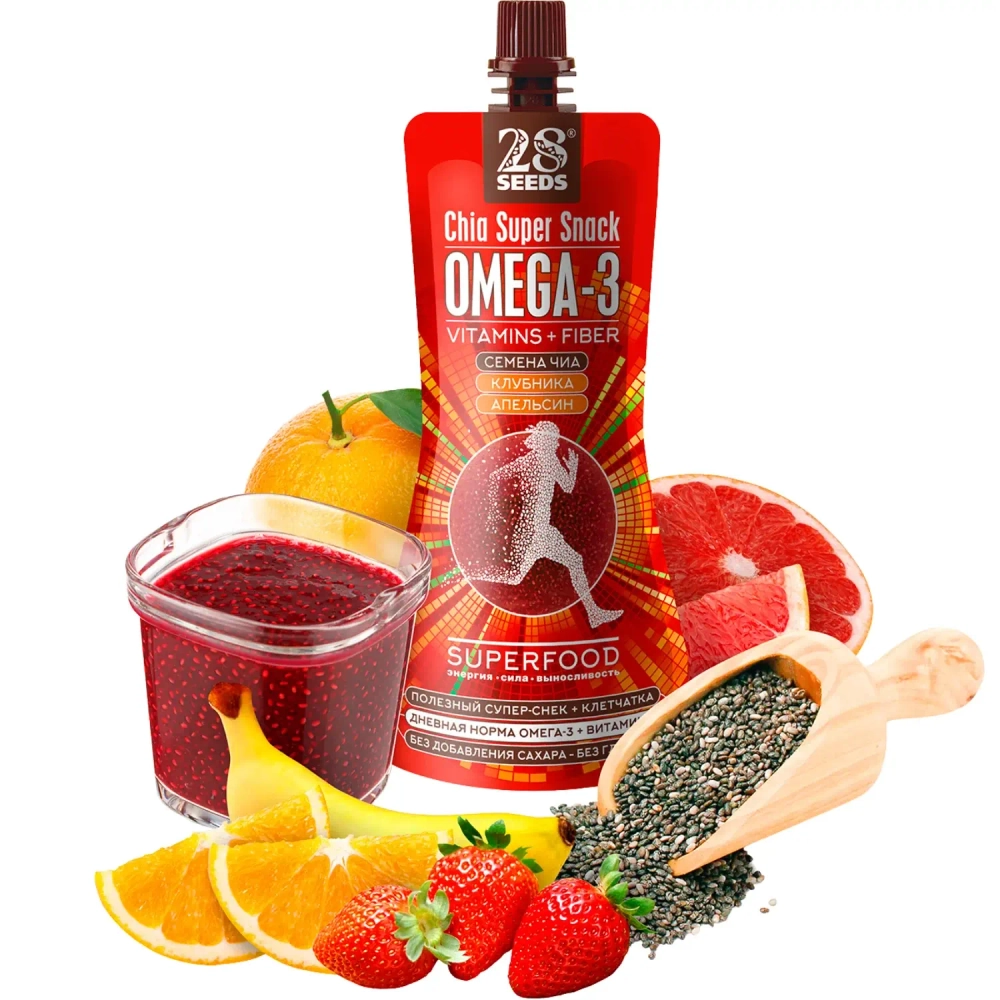 Супер-снек ЧИА ОМЕГА-3 «Клубника + Апельсин» 150 г 28SEEDS — ягодно-фруктовый суперснек с семенами чиа и Омега-3