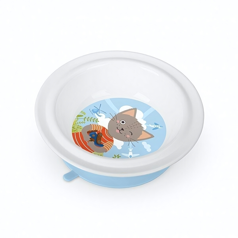 Тарелка детская глубокая на присосе с голубым декором (белый)