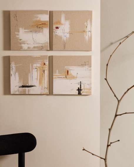 Набор из 4 картин Selnir на льняной основе белого и бежевого цвета 30х30 см