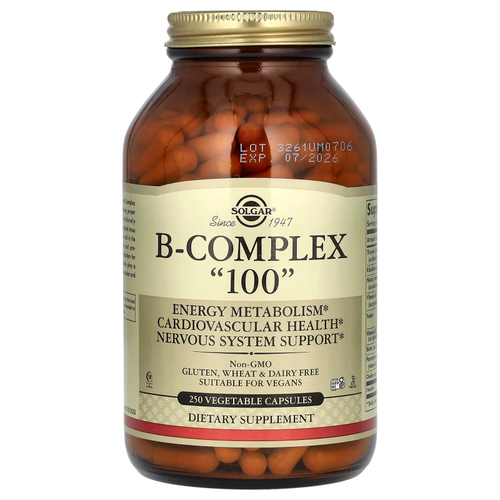Solgar, B-Complex 100, витамины группы B, 250 растительных капсул
