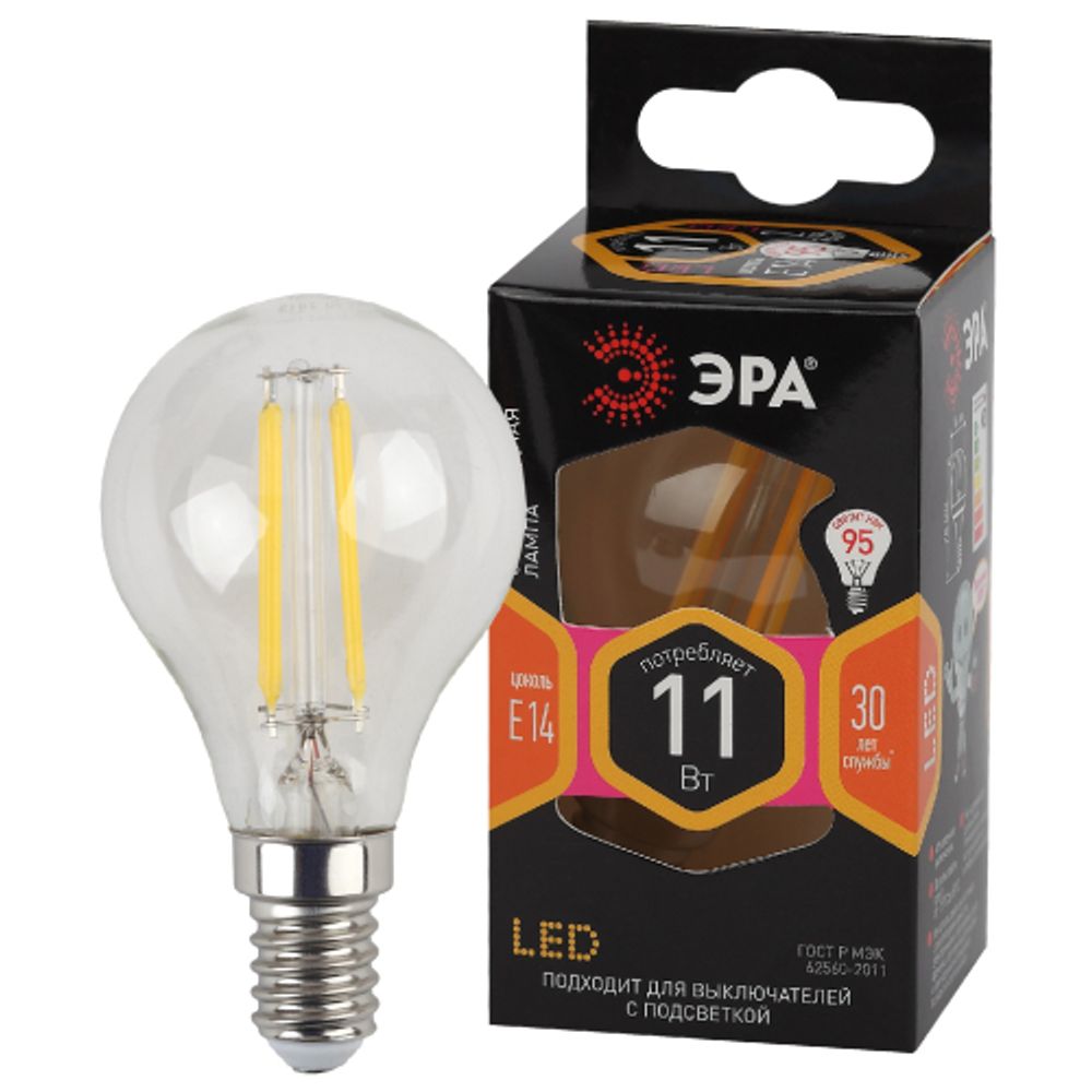 Лампочка светодиодная ЭРА F-LED P45-11W-827-E14 Е14 / Е14 11Вт филамент шар теплый белый свет