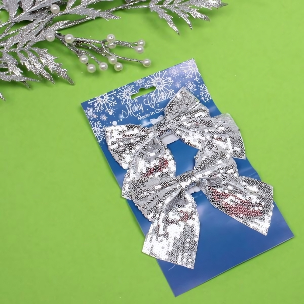 Бант на ёлку "Блеск" 12*14 см (набор 2 шт), Серебро (Серпантин)