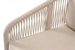 "Канны" диван 2-местный плетеный из роупа, каркас алюминий белый муар, роуп бежевый круглый, ткань бежевая 15052
