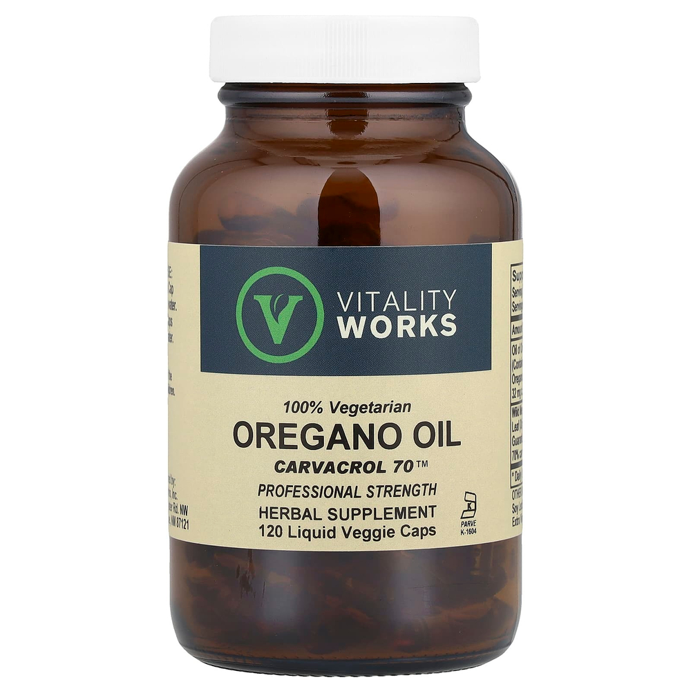 Vitality Works, масло орегано, карвакрол 70, 120 вегетарианских капсул с жидкостью
