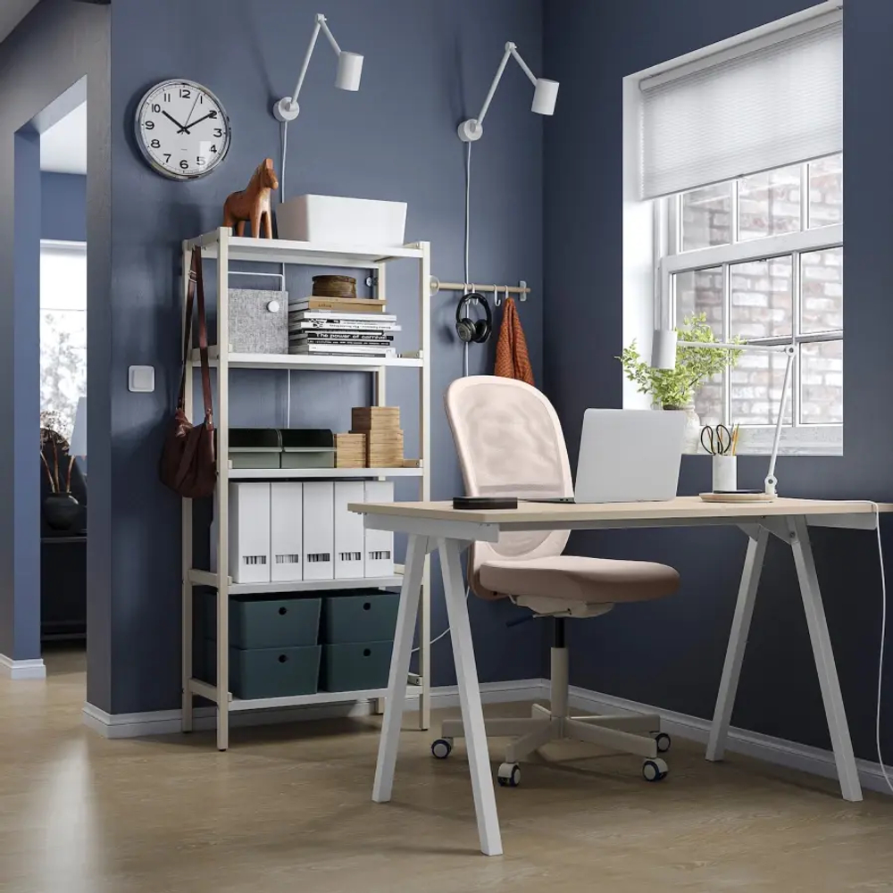 Комбинация: письменный стол, стеллаж и стул - IKEA TROTTEN/FLINTAN/EKENABBEN 120х70 см, 69.5х34.5х154 см, бежевый/белый/под беленый дуб, ТРОТТЕН/ФЛИНТАН/ЭКЕНАББЕН ИКЕА