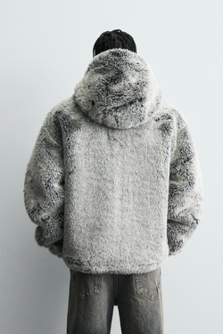 ZARA КУРТКА ИЗ ИСКУССТВЕННОГО МЕХА С КАПЮШОНОМ, ЗЕЛЕНЫЙ/СЕРЫЙ