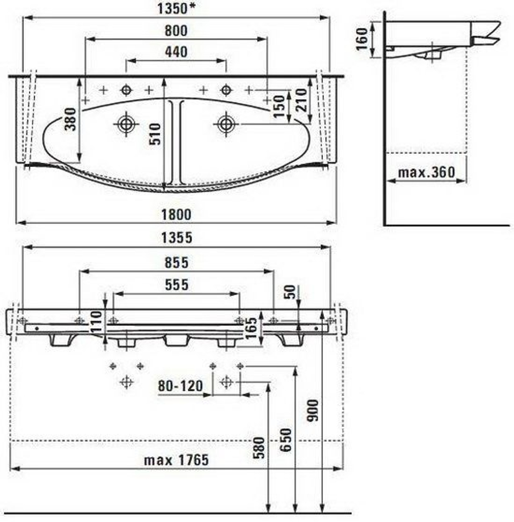 Раковина подвесная двойная Laufen Palace NEW 180 с полотенцедержателем 8.1470.8.000.104.1