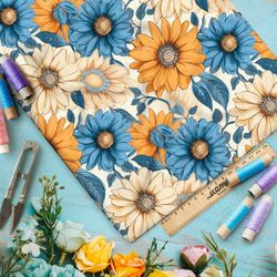 Ткань Ниагара Софт голубые и оранжевые цветы