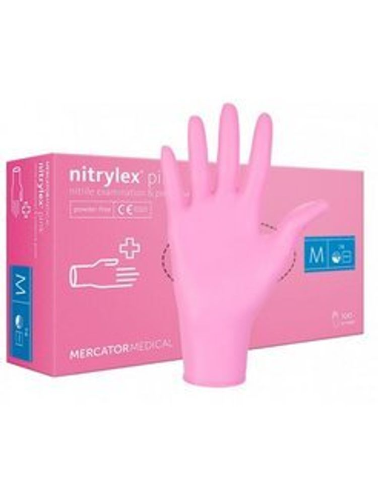 Перчатки нитриловые смотровые Nitrylex PF розовые (50 пар, M)