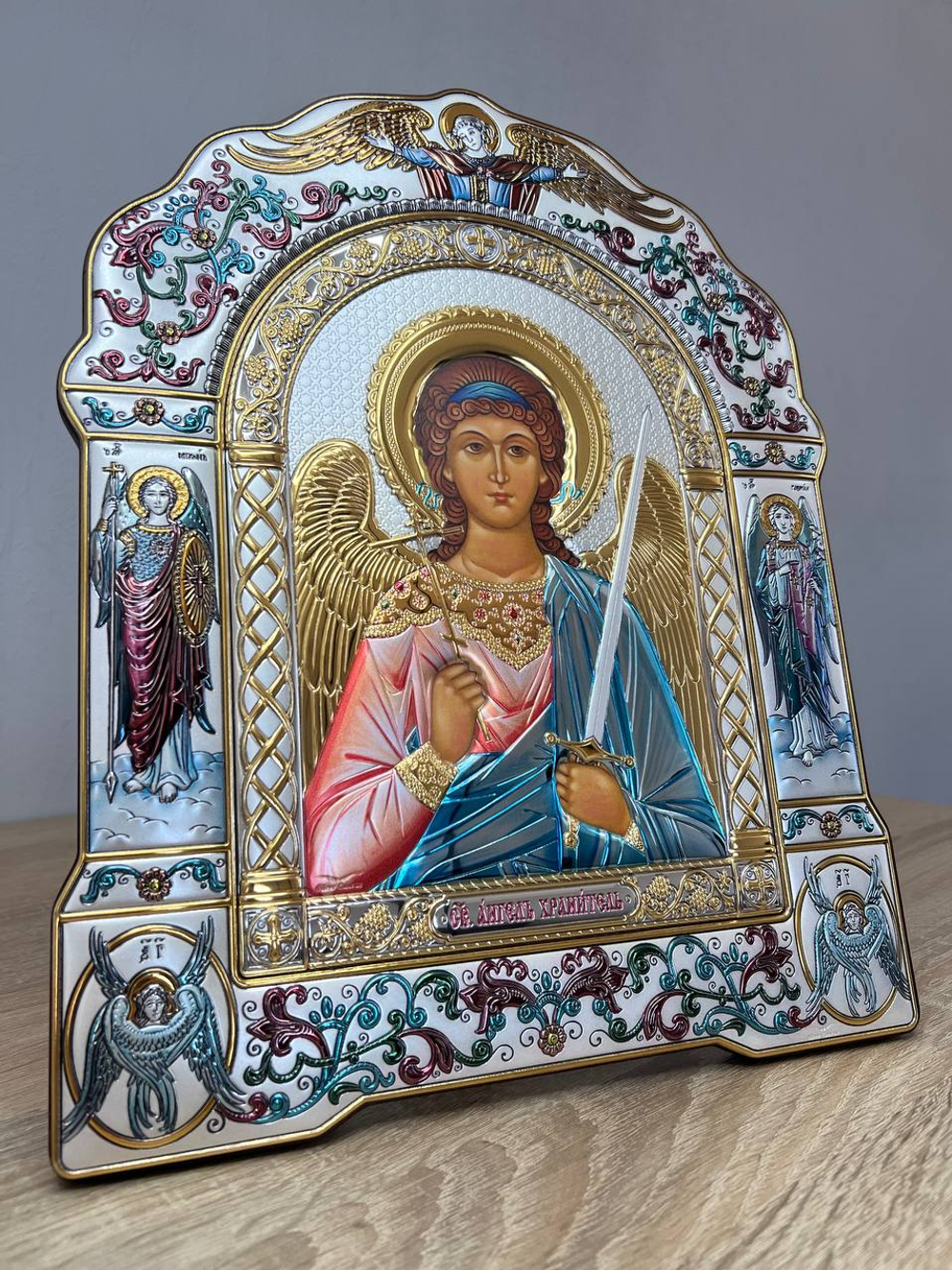 Ангел хранитель, икона арочная с рамкой, красное дерево, эмаль 206х270