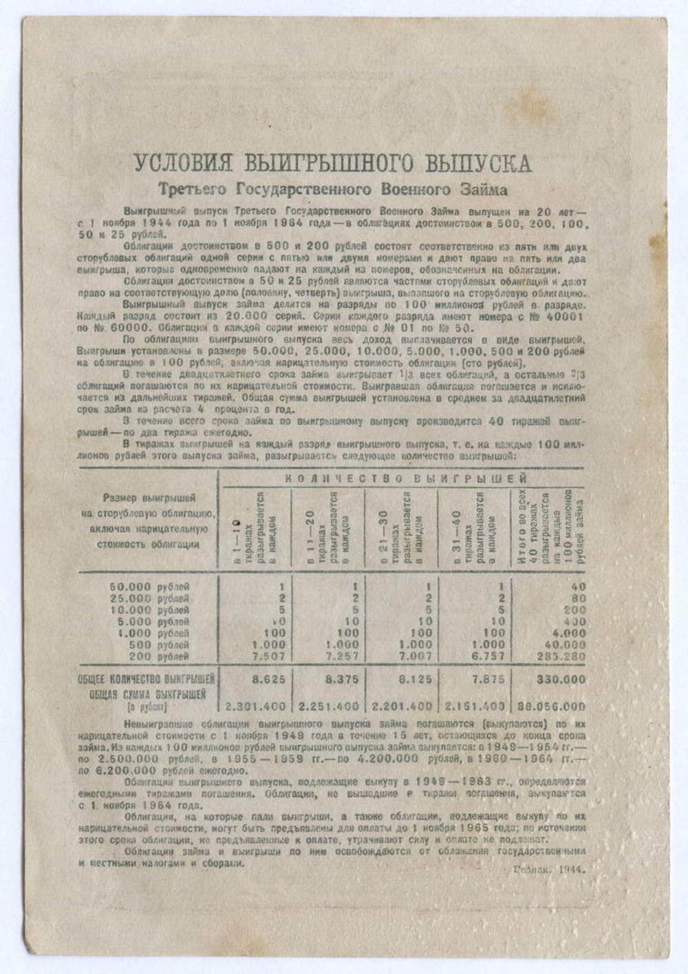 Облигация 25 рублей 1944 год. 3-ий государственный военный заем. Серия 049119. VF-