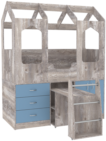 Кровать-чердак КарИВи Домик Сказка с выдвижным столом ДС-14 Бетон Светло-синий, голубой
