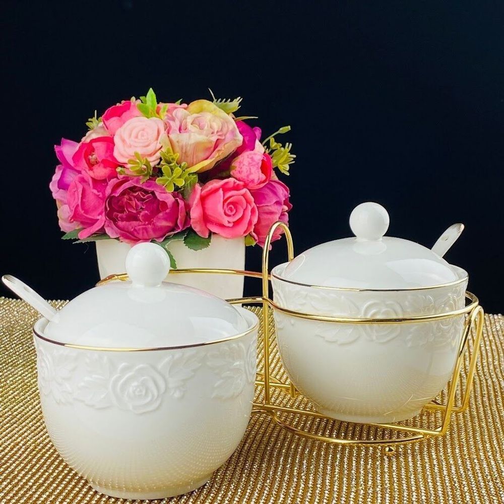 Lenardi 109-169 Набор из 2 сахарниц 350мл с ложками на подставке БЕЛАЯ РОЗА в под.уп.(х12)Фарфор