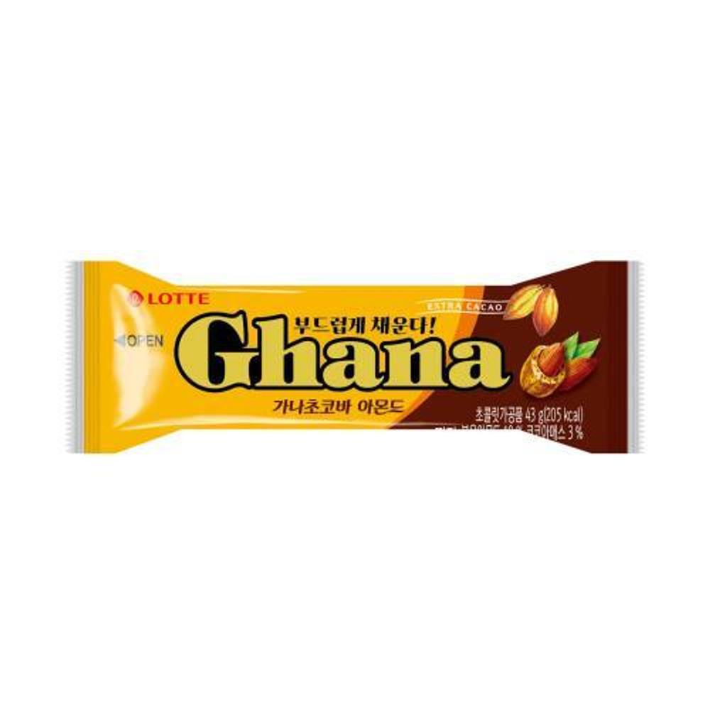 Шоколадный батончик Ghana CHOCOBAR ALMOND с миндалём 43г, Lotte