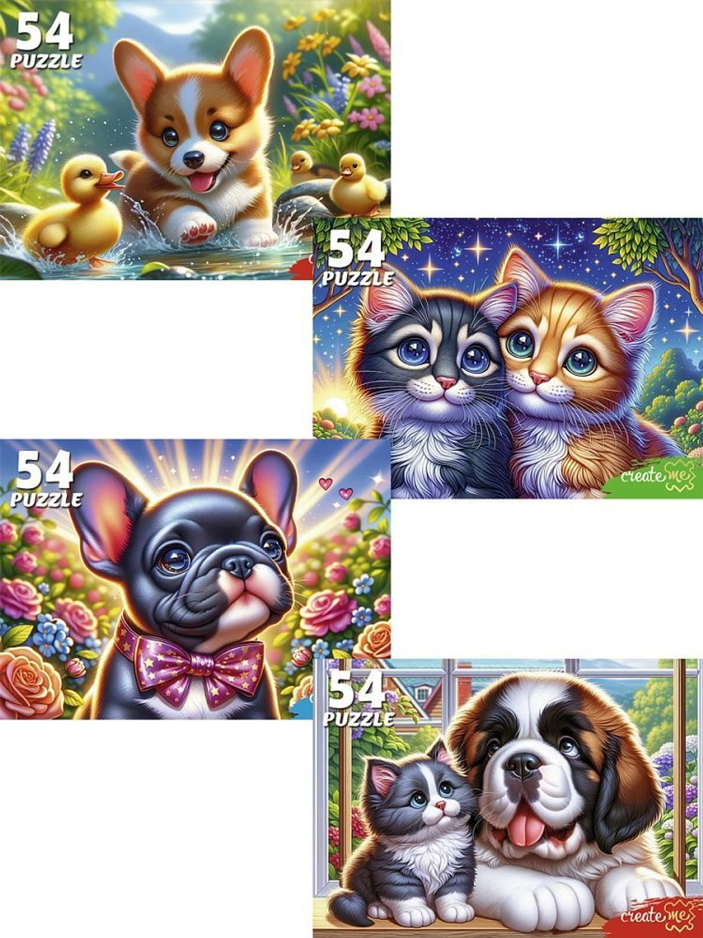 Пазлы 54 элемента "Котята со щенками"