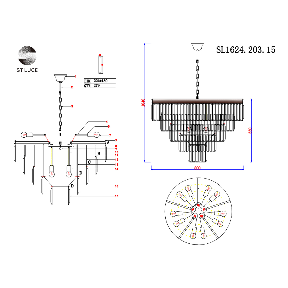 SL1624.203.15 Люстра подвесная ST-Luce шампань/прозрачный E14 15*40W ERCOLANO
