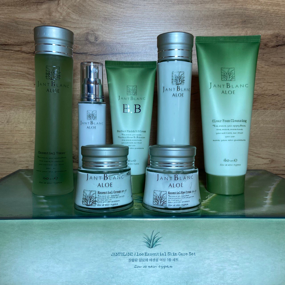 Набор для ухода за лицом Jant Blanc Aloe Essential Skin Care 7Set с экстрактом Алоэ (тонер, эмульсия, крем для лица, крем для век, сыворотка, BB крем, пенка для умывания)