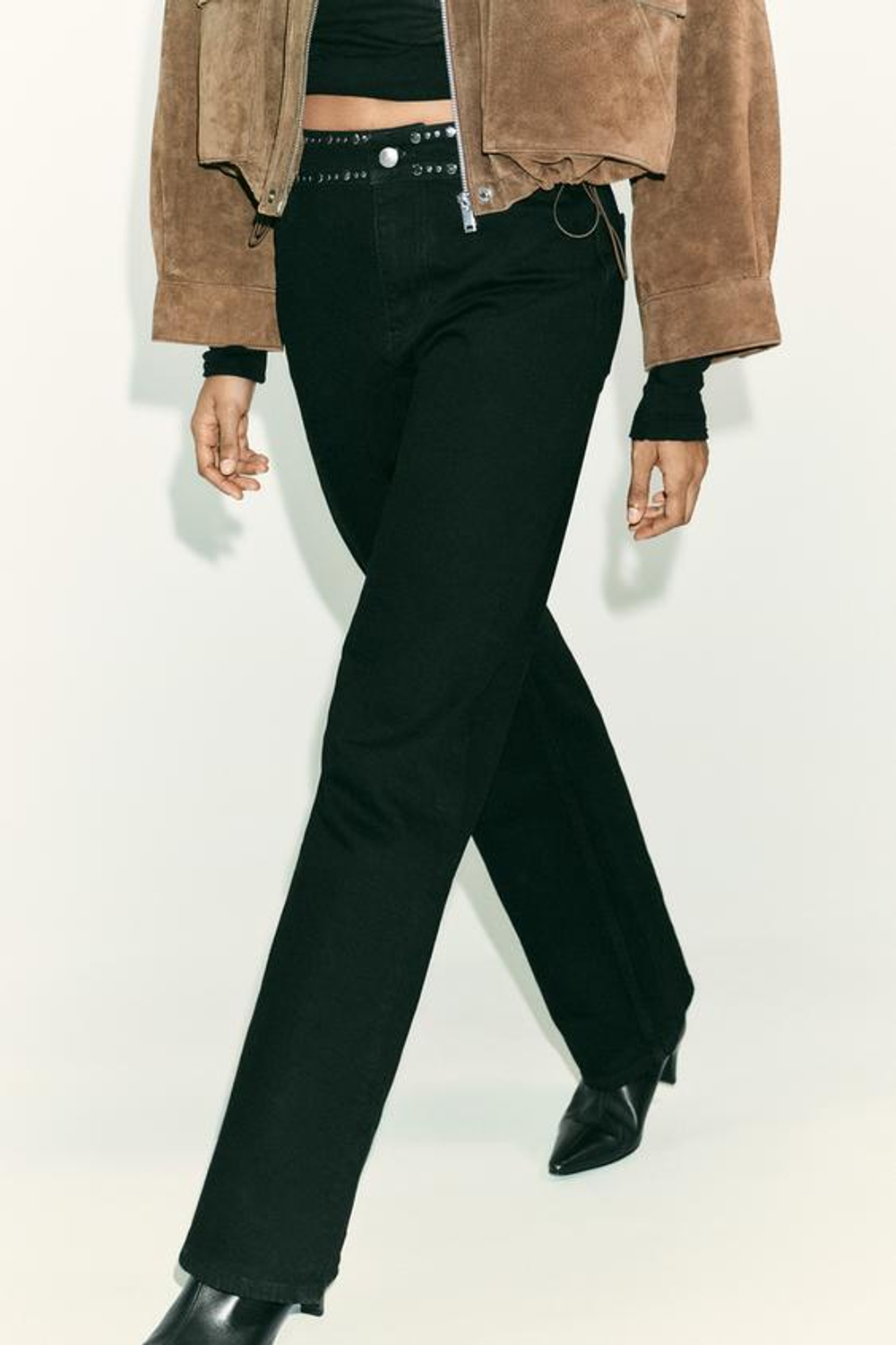 ZARA ДЖИНСЫ Z1975 STRAIGHT LONG-LENGTH С ВЫСОКОЙ ПОСАДКОЙ И ЗАКЛЕПКАМИ, ЧЕРНЫЙ