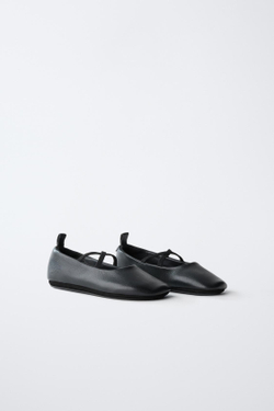 ZARA КОЖАНЫЕ БАЛЕТКИ, ЧЕРНЫЙ