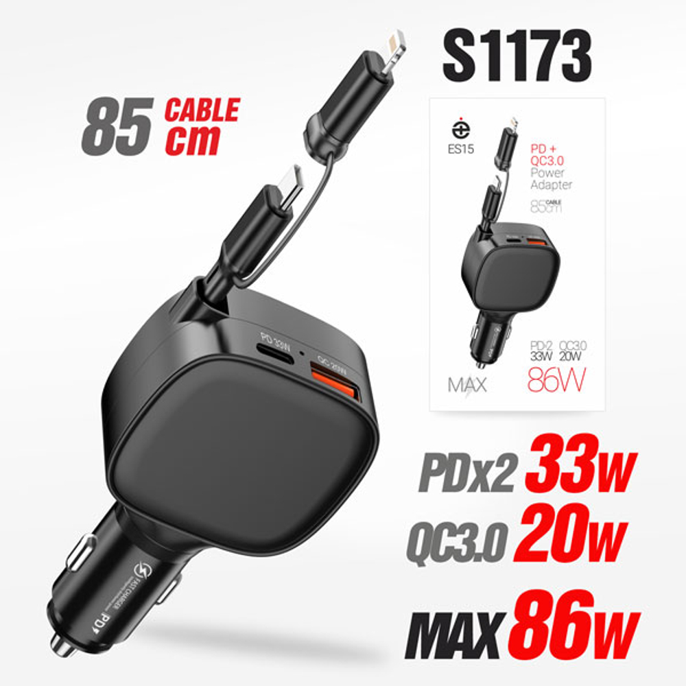 Автомобильный адаптер питания DEESPI ES15 86W PD33W + QC3.0 + кабель Type C - Lightning (черный)