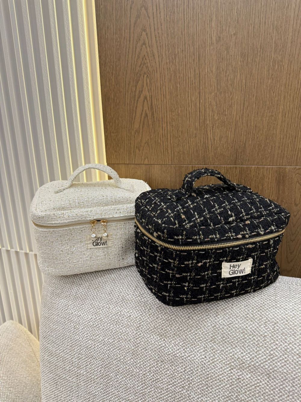 HEY GLOW косметичка твидовая в чёрно-белых тонах ( большой)