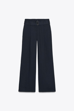 ZARA БРЮКИ С ШИРОКИМИ ШТАНИНАМИ И РЕМНЕМ, МОРСКОЙ СИНИЙ