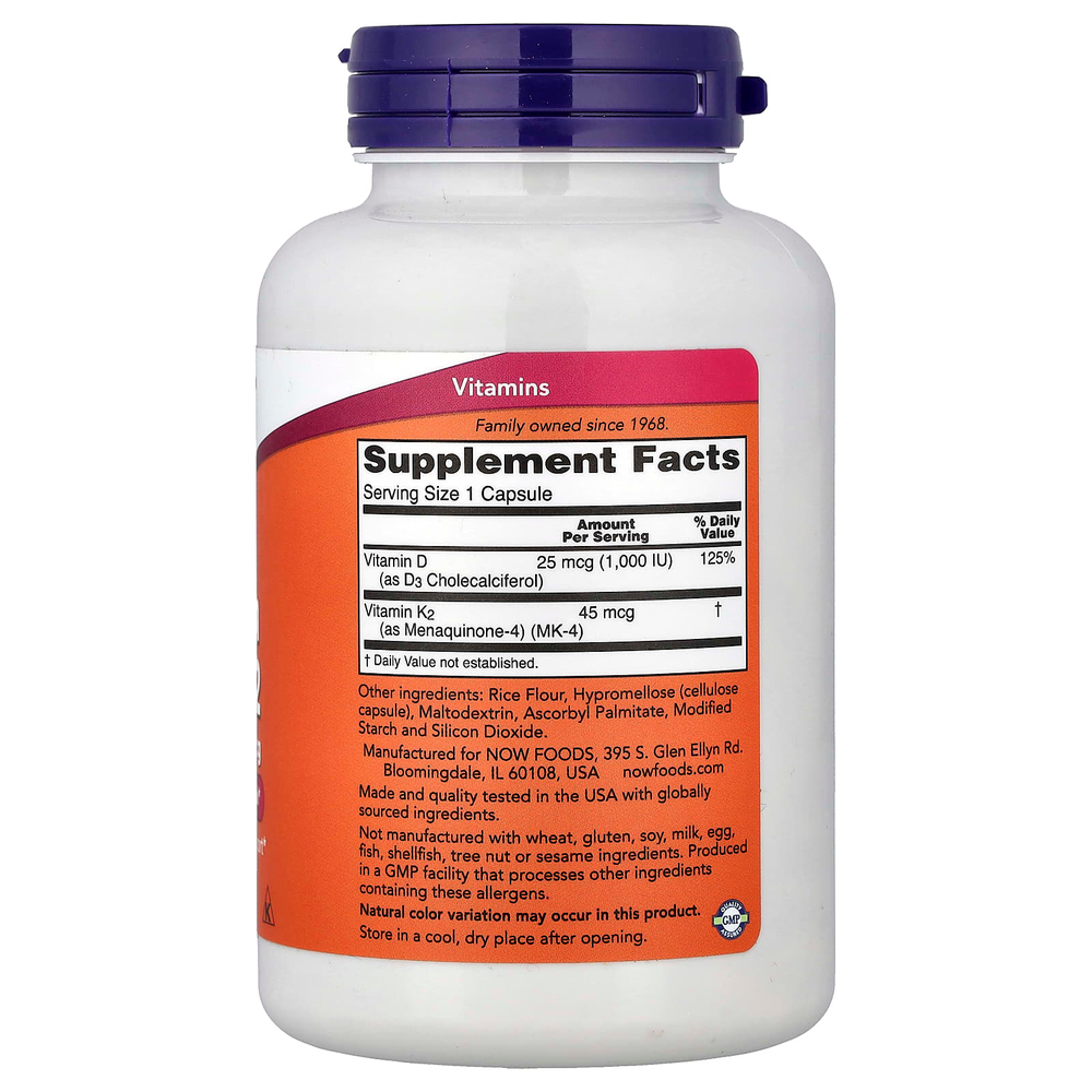 NOW Foods, витамины D3 и K2, 240 капсул