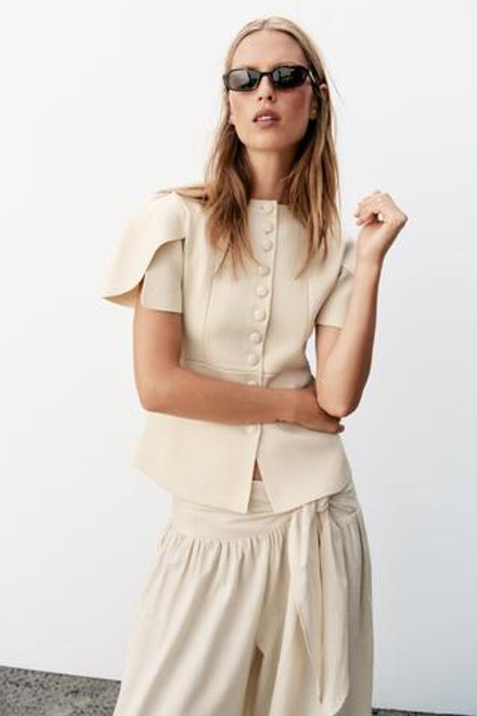 ZARA КАРДИГАН С ОБЪЕМНЫМИ РУКАВАМИ И РАЗРЕЗАМИ, ЭКРЮ