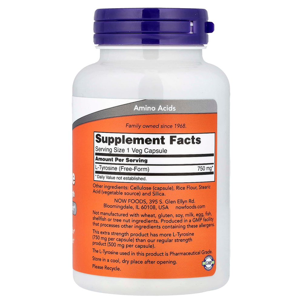 NOW Foods, L-тирозин, 750 мг, 90 растительных капсул