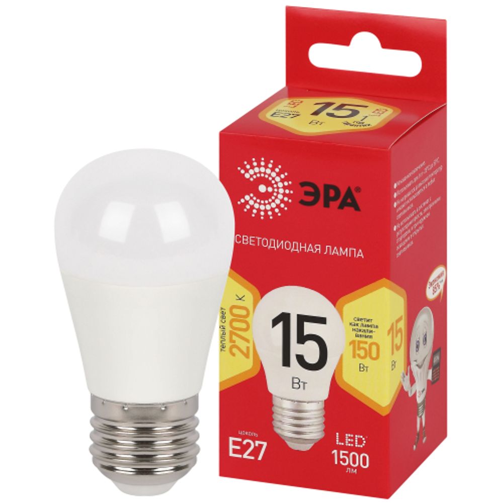 Лампа светодиодная ЭРА RED LINE LED P45-15W-827-E27 R 15Вт шар теплый белый свет E27 | Лампы cветодиодные Шар (G/P)