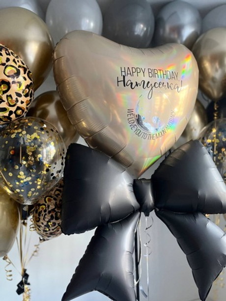 Воздушные шары на день рождение стильные леопард/черный/золото/бант №3729