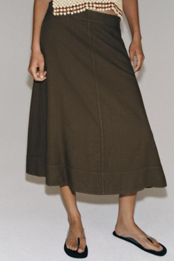 ZARA ЮБКА МИДИ ИЗ СМЕСОВОГО ЛЬНА — ZW COLLECTION, СЕРО-КОРИЧНЕВЫЙ
