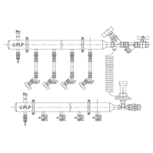 Узел коллекторный для отопления этажный с левым подключением на 9 выходов PLP УКЭО-Л-25-Р25-А25-50СТ-100-9-15-Р15-ВП110-АВ-КД