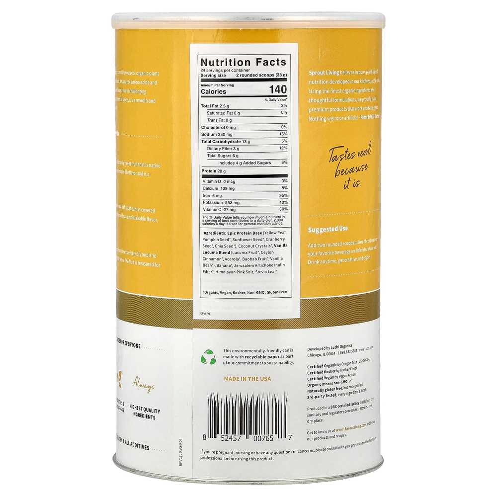 Sprout Living, Epic Protein®, органический растительный протеин и суперпродукты, ваниль и лукума, 912 г (2 фунта)