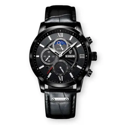 Часы наручные кварцевые LIGE на кожаном ремешке, серебристый/черный W9570-03