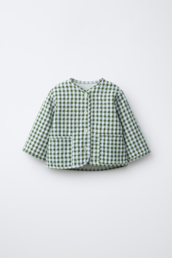 ZARA КУРТКА В КЛЕТКУ ВИШИ, ЭКРЮ/ЗЕЛЕНЫЙ