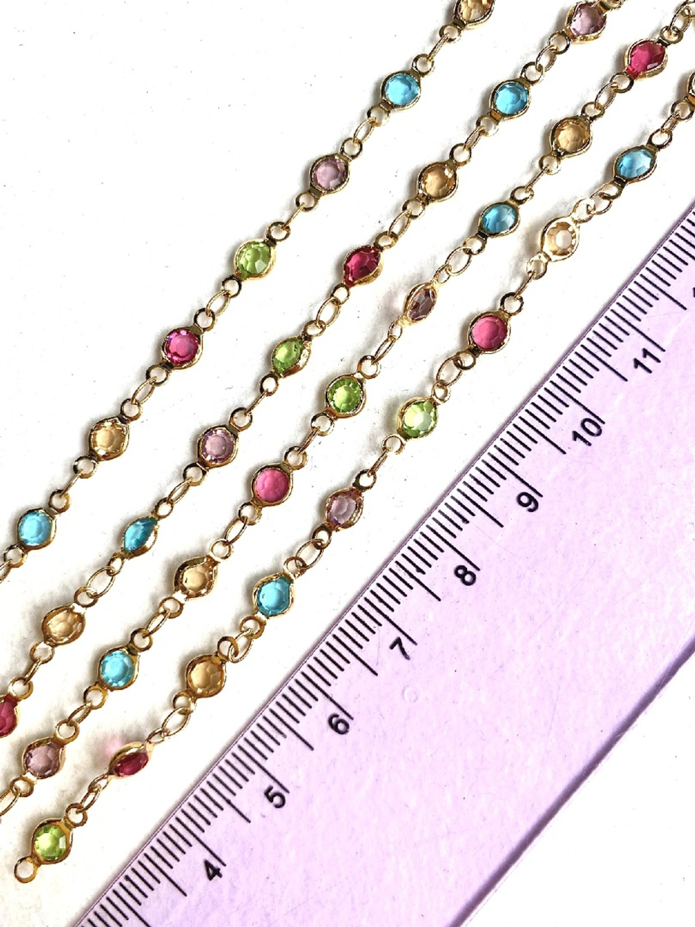 1439-з Цепь с цветными цирконами, 3 мм, позолота