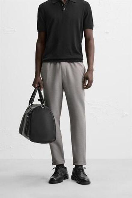 ZARA БРЮКИ EASY CARE С ПОЯСОМ НА ШНУРКЕ, СЕРЫЙ/БЕЖЕВЫЙ