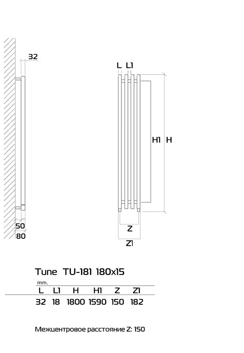 TUNE 180x15 (см) Дизайн Радиатор