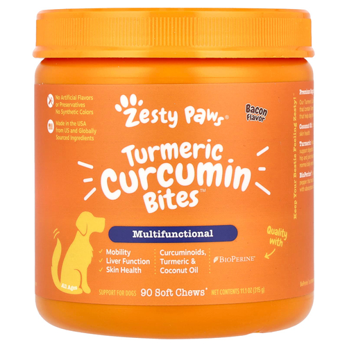 Zesty Paws, Turmeric Curcumin Bites, добавка для собак, со вкусом бекона, 90 мягких жевательных таблеток