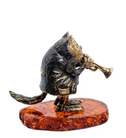 Народные промыслы AM-2268 Фигурка «Кот с горном» (латунь, янтарь)
