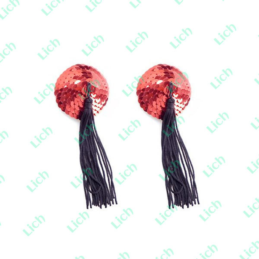 Яркие красные пэстисы с пайетками и длинными кисточками