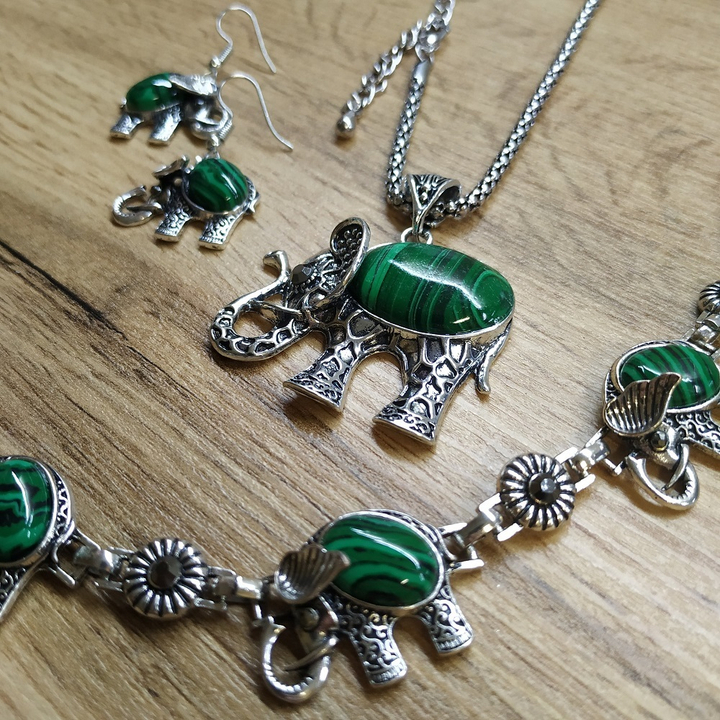 Набор бижутерии Слон: Подвеска (44x40 мм) + Браслет + Серьги, малахит, 46 см, 18 см