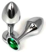Серебристая анальная пробка на удлиненной ножке с зеленым кристаллом - 9 см. (Цвет: зеленый)
