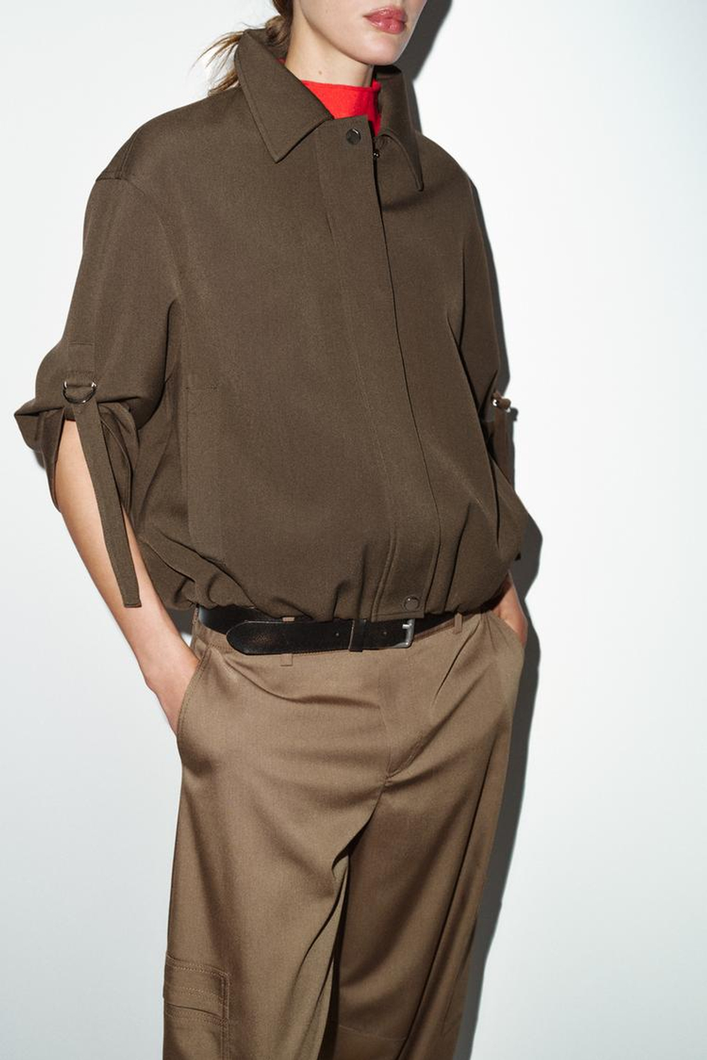 ZARA БОМБЕР С ПОДВЕРНУТЫМИ РУКАВАМИ, ТАБАЧНЫЙ