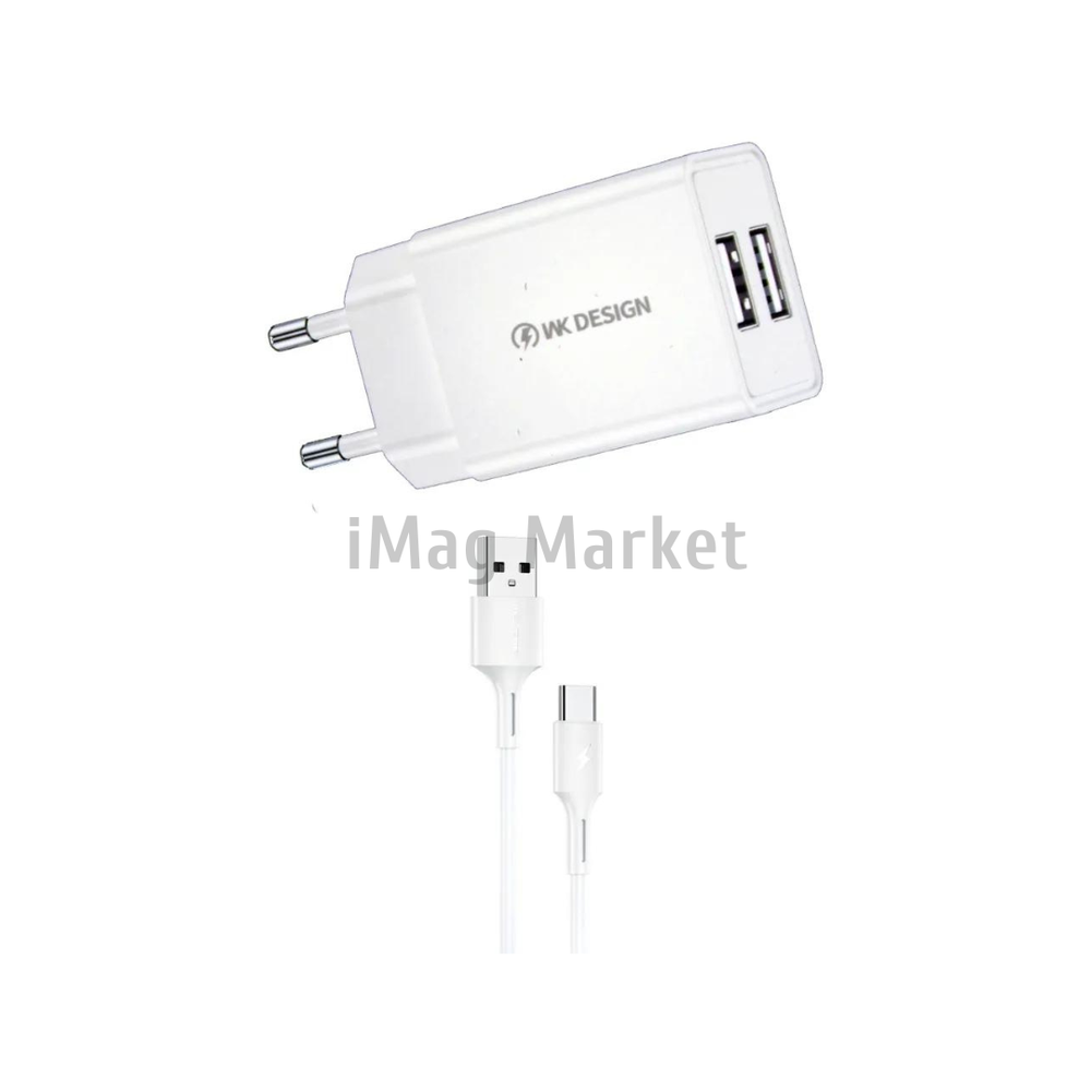 Сетевое зарядное устройство WK Kingkong WP-U119a, 2 USB-A, 10W, 2A + кабель Type-C, 1 м, белый
