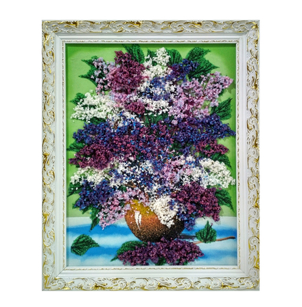 Картина№6" Сирень в горшке" рисованная уральскими минералами в деревянном багете, размер 47-67-2см