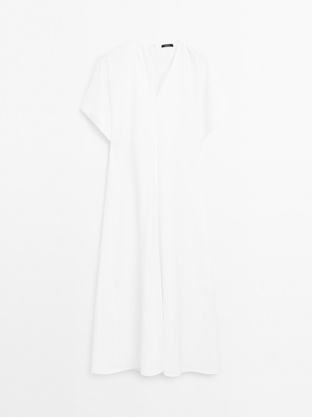 Massimo Dutti Платье миди А-силуэта с V-образным вырезом, натуральный, кремовый