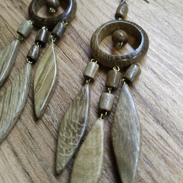 Серьги Кольцо с ромбиками, дерево, цвет бежевый, 20x70 мм